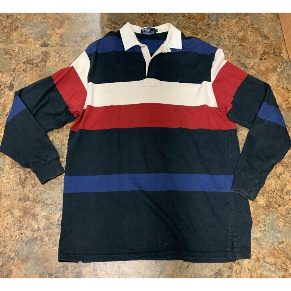 Polo Ralph Lauren Red White Blue Striped VTG Y2K 90’s Rugby COLLAR SHIRT sz L